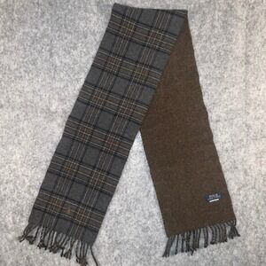 Polo Ralph Lauren Reversible Scarf Grey Brown Plaid Made in Italy Wool Blend